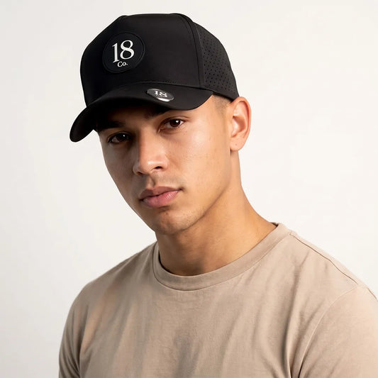 18 Co. Performance Golf Hat in black with built-in magnetic ball marker